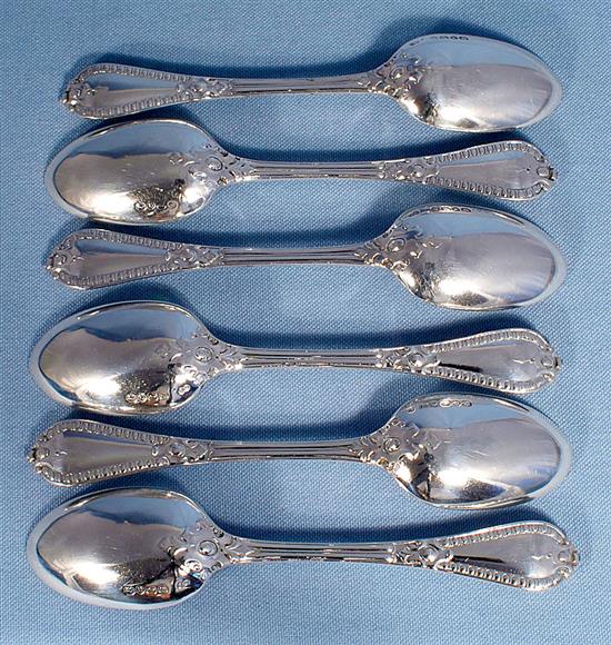 A set of six Victorian silver Grecian pattern dessert spoons, by George Adams, Length: 179mm, weight 12.1/378grms